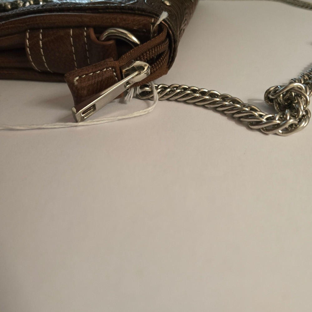 Western Embossed Buckle Crossbody Bag Bronze Brown Chain Strap w/ rhinestones - Picture 7 of 14